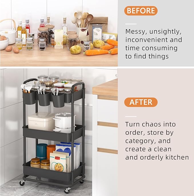 JIUYOTREE 3-Tier Plastic Rolling Storage Cart Utility Cart with Extra Hanging Cups Handles Lockable Wheels for Living Room Bathroom Kitchen Office Black-NeatNest
