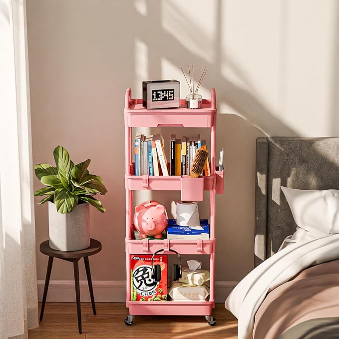 4 Tier Rolling Cart Organizer,Art Craft Diaper Bedside Snack Laundry Room Bathroom Organizer Narrow Thin Slim Rolling Trolley Utility Cart with Wheels for Kitchen,Office(Pink)-NeatNest