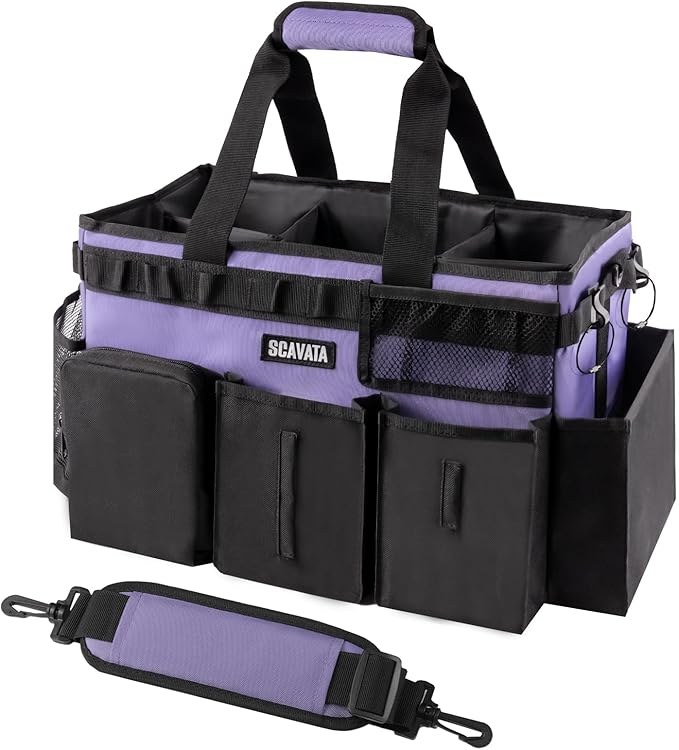 Wearable Cleaning Caddy Bag, Cleaning Caddy Supplies Organizer with Handle & Shoulder Straps for Housekeepers, Under Sink & Car Cleaning Tool Organizers with 4 Foldable Divider (Purple)