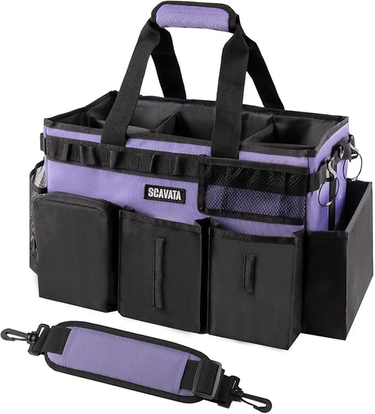 Wearable Cleaning Caddy Bag, Cleaning Caddy Supplies Organizer with Handle & Shoulder Straps for Housekeepers, Under Sink & Car Cleaning Tool Organizers with 4 Foldable Divider (Purple)