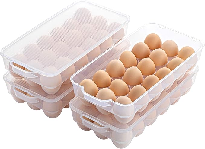 Clear Plastic Egg Holder for Refrigerator, Stackable Egg Storage Trays With Lid & Handles, Plastic Egg Box Carrier 4 Pack, BPA-Free Egg Storage Container for 18 Eggs-NeatNest