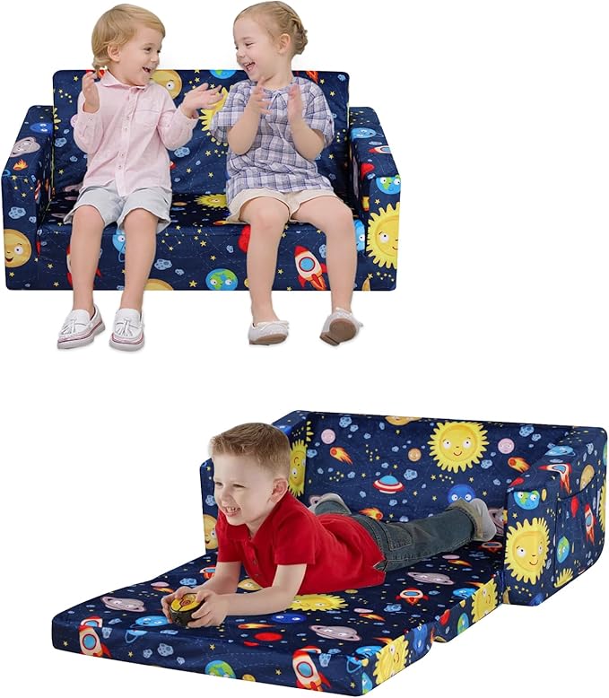 Foam Kid Sofa Couch, 2 in 1 Convertible Sofa to Bed for Baby,Velvet Toddler Sofa Chair with Side Pocket for Kid Playing (W29.92) (Blue)-NeatNest