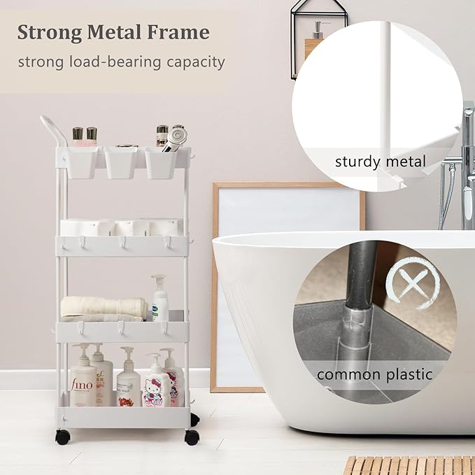 danpinera Storage Cart, 4 Tier Narrow Rolling Storage with Wheels & Dividers, Bathroom Organizer Slim Laundry Cart with Handle Hanging Cups Hooks, White