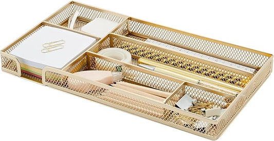 Annova Desk Drawer Organizer Tray for Office Organization - Metal Mesh - Storage Tray with Dividers for Pens, Desktop Accessories, Bathroom, Kitchen, Makeup and Office Supplies (Small, Gold)-NeatNest