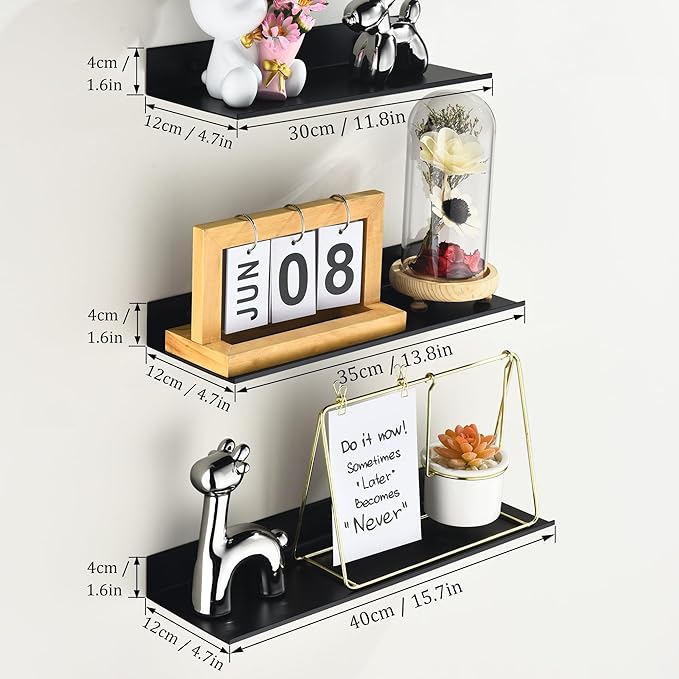 Floating Shelves for Wall Set of 3, Black Metal Wall Shelves for Bathroom 11.8/13.8/15.7 in, Modern Small Adhesive Shelf for Living Room, Bedroom, Office, Kitchen-NeatNest