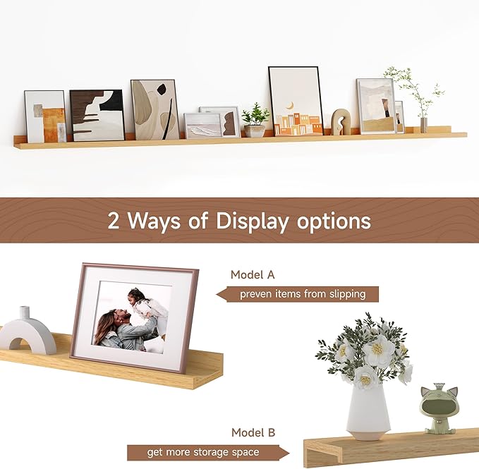 Floating Picture Ledge Shelves for Wall Set of 2, 72 Inches Picture Ledge Shelf with Long Large Nursery Book Shelf for Toys Storage Kids Bookshelf Wall Mounted Living Room Bedroom Decor Frames, Oak-NeatNest