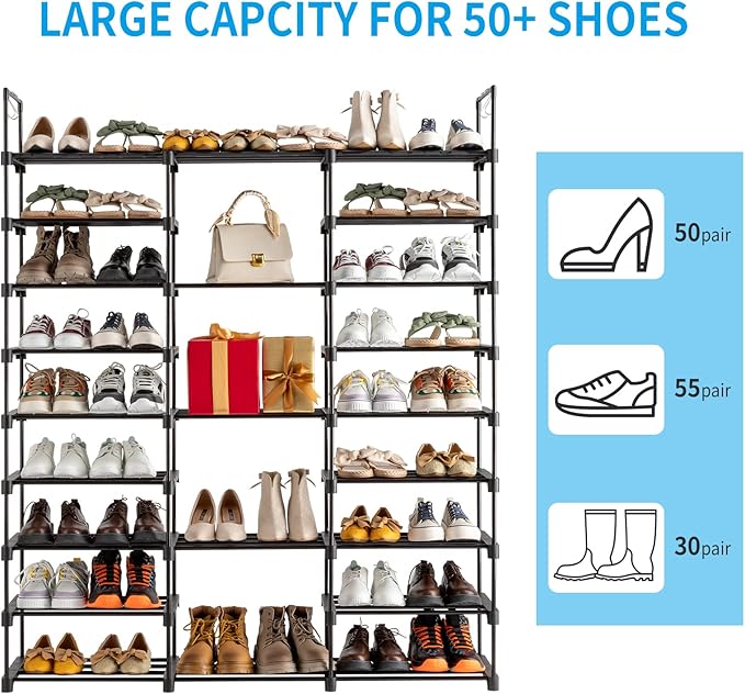 9-Tier Tall Shoe Rack - Free Standing Shoe Shelf Organizer - Large Metal Closet Organizer with Hooks - Stackable Stand for Bedroom Entryway - Holds Up to 55 Pairs of Shoes-Black-NeatNest
