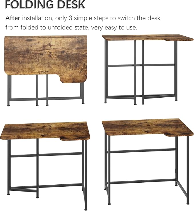 4NM Folding Desk, 35.4 Inch Small Foldable L Desk for Small Spaces, Space Saving Computer Table Writing for Home Office Bedroom, Easy Assembly, Rustic Brown-NeatNest