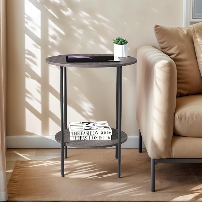 Side Table,Round End Table with 2 Storage Shelves| Compact Side Tables for Living Room, Couch, Office & Bedroom | Narrow Accent Table as Space-Saving Small Bedside Table 18x18x22in (Grey)
