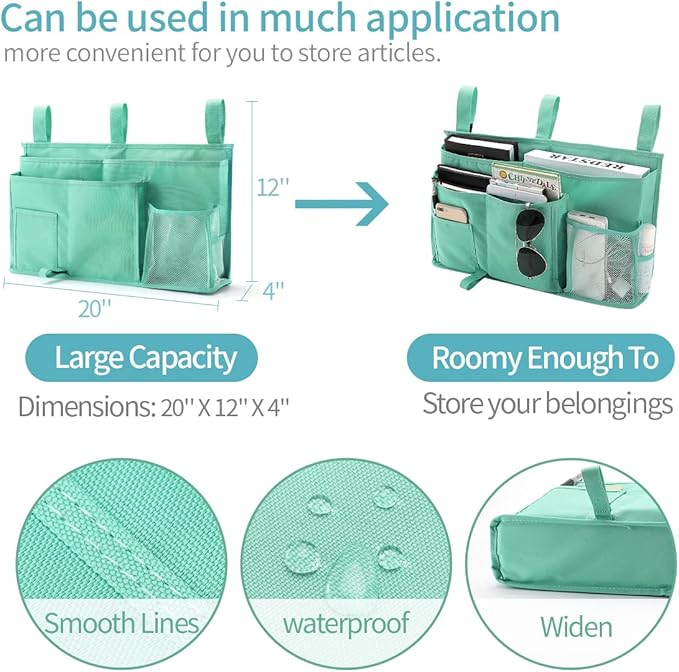 Bseash Bunk Bed Organizer, Bedside Caddy Hanging Bed Organizer Storage Bag 8 Pockets, for College Dorm Rooms Bed, Hospital Bed, Baby Bed Rails, 600D Oxford Cloth (Light Green)-NeatNest