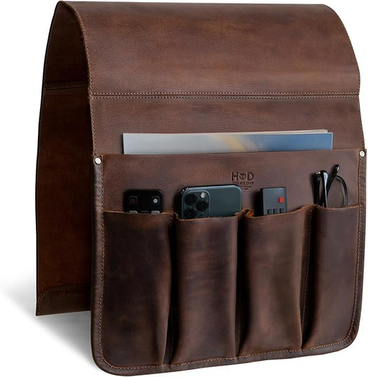 Hide & Drink, Remote Control and Magazine Holder, Sofa Armrest Organizer Pouch, Couch Potato Essentials, Armchair Caddy, Full Grain Leather, Handmade, Bourbon Brown-NeatNest