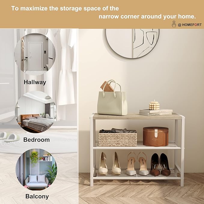 HOMEFORT 3-Tier Shoe Rack, Shoe Storage Shelf, Industrial Shoe Tower, Narrow Shoe Organizer for Closet Entryway, Small Shoe Rack Table with Durable Metal Shelves, White Oak-NeatNest