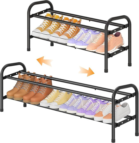 2 Tier Shoe Rack, Shoe Organizer for Closet, 28“ Metal Shelf Can Expandable to 42“, for Bedroom, Entryway, Closet, Garage, Adjustable to 12 Pairs Shoes, Black-NeatNest