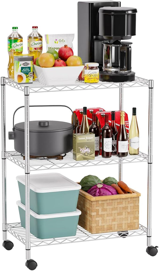 FDW 3-Shelf Adjustable,Storage Shelves Wire Shelving Shelving Unit Metal Shelves Storage Shelf with Wheels,13" D x 23" W x 31" H,Chrome