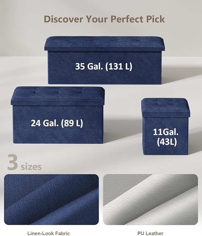 Folding Storage Ottoman Bench, Multi-Functional Ottoman Footrest, End of Bed Bench, Storage Chest for Living Room, Bedroom, Hallway, Entryway, Holds Up to 700 lbs (Navy Blue, 43 Inches)