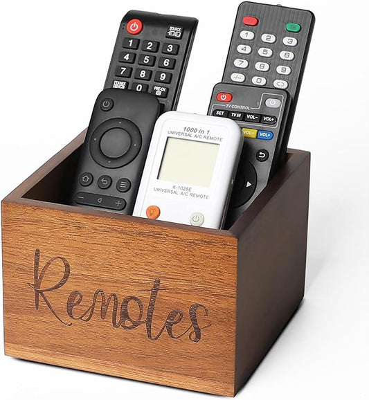 Acacia Wood Remote Control Holder Caddy, TV Organizer for Table, Vintage Farmhouse Desk Caddy (Brown for 3+ Controls)-NeatNest