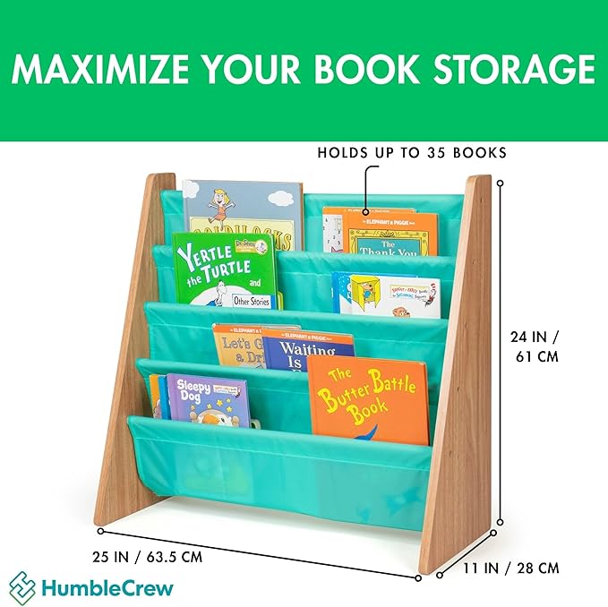 Humble Crew 4-Tier Kids Bookshelf, Natural Wood/Seafoam Green - Premium Book Shelf for Kids Rooms with Four Deep Pockets - Toddler Sling Book Rack with Deep Sleeves, Nursery Bookcase Organizer