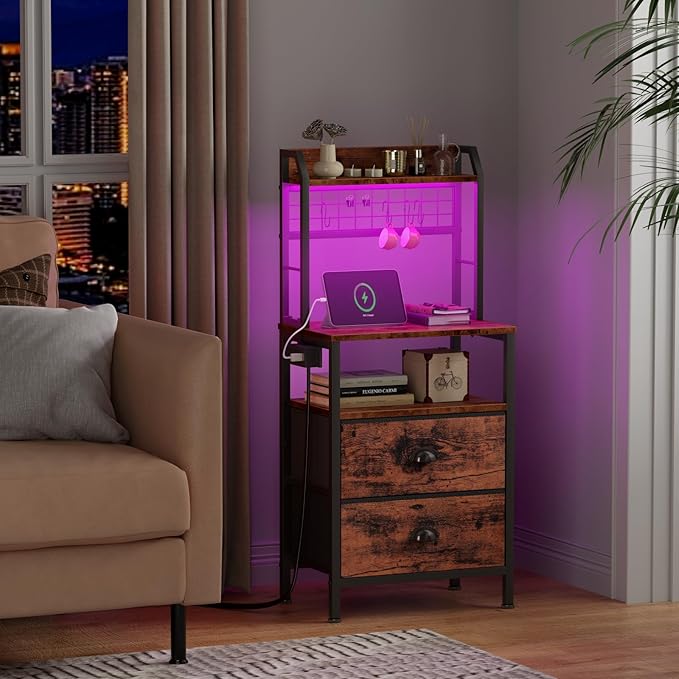 Furologee 40'' Tall Nightstand with Charging Station, Bedside Table with LED Lights, End Table with 2 Drawers and Storage Shelves, Night Stand with Pegboard for Bedroom, Rustic Brown