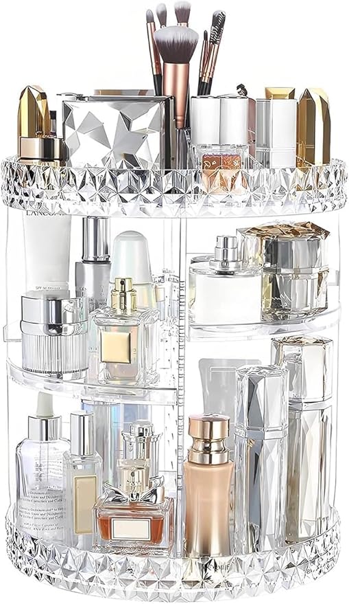 ZHIAI 360 Rotating Makeup Organizer, Large Capacity Cosmetics Organizer for Perfume Holder Organizer Countertop, DIY Adjustable Bathroom Makeup Carousel Holder Rack, Clear Diamond-NeatNest