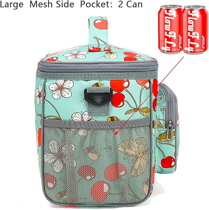 FlowFly Insulated Reusable Lunch Bag Adult Large Lunch Box for Women and Men with Adjustable Shoulder Strap,Front Zipper Pocket and Dual Large Mesh Side Pockets,Cherry-NeatNest
