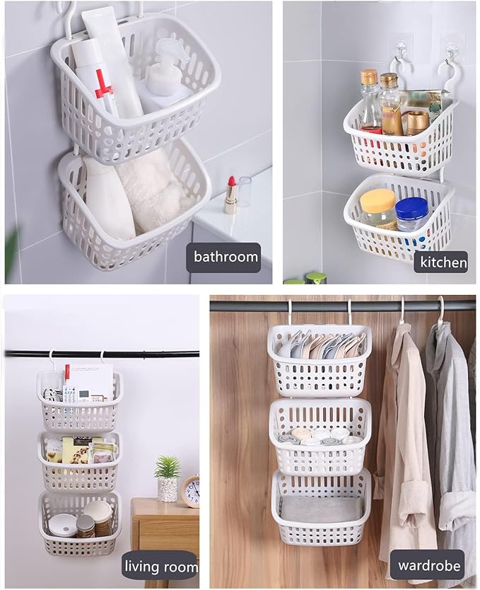5PCS Plastic Hanging Baskets for Shower, Hanging Basket Organizer with Hooks, Rectangle 10.6Inches Small Hanging Storage Basket (Grey)