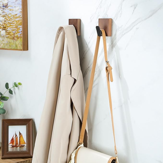 DELITON Adhesive Towel Hooks,Wall Hooks for bathrooms Without Drilling, Wood Wall Hooks for Hanging Robe, Towel, Bag Stick on Farmhouse Bathroom Bedroom Entryway 4 Packs Burned Brown-NeatNest