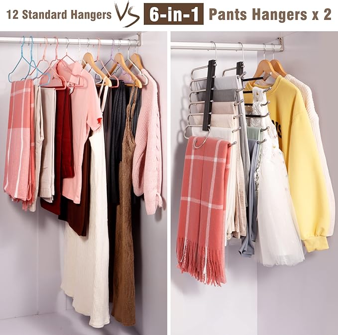 4 Pack 6-Tier Space Saving Pant Hangers, Anti-Slip, Lightweight, Stainless Steel, Black, 6 Pairs Jeans Hangers-NeatNest