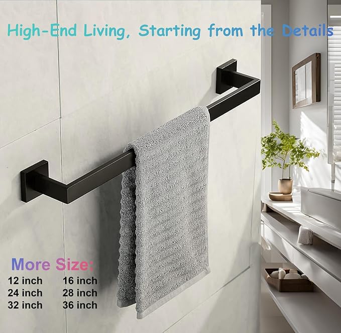 24 Inch Towel Bar for Bathroom 12/16/24/28/32/36 Inch Kitchen Towel Holder Matte Black Towel Rod Wall Mounted SUS304 Rustproof Towel Rack Modern Square Design (1, Matte Black, 24 Inch)