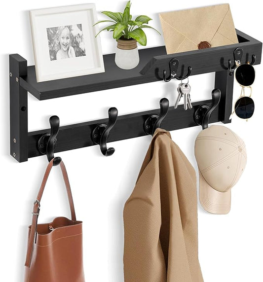 Coat Rack Wall Mount with Shelf, Coat Hanger Wall Mount with Key Hooks and Mail Holder, Wood Entryway Floating Shelf with Hooks and Storage, Hat Rack for Wall Key Holder Mail Organizer-NeatNest