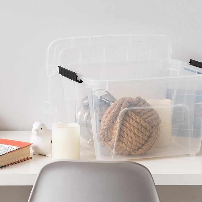 IRIS USA 19 Qt Stackable Plastic Storage Bins with Lids, 6 Pack - BPA-Free, Made in USA - See-Through Organizing Solution, Latches, Durable Nestable Containers, Secure Pull Handle - Clear