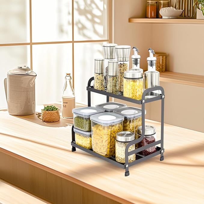 2-Tier Metal Organizer Shelf for Bathroom & Kitchen - Heavy Duty Countertop Storage, Under Sink Cosmetic & Spice Organizer with Non-Slip Base, Easy Assembly-NeatNest