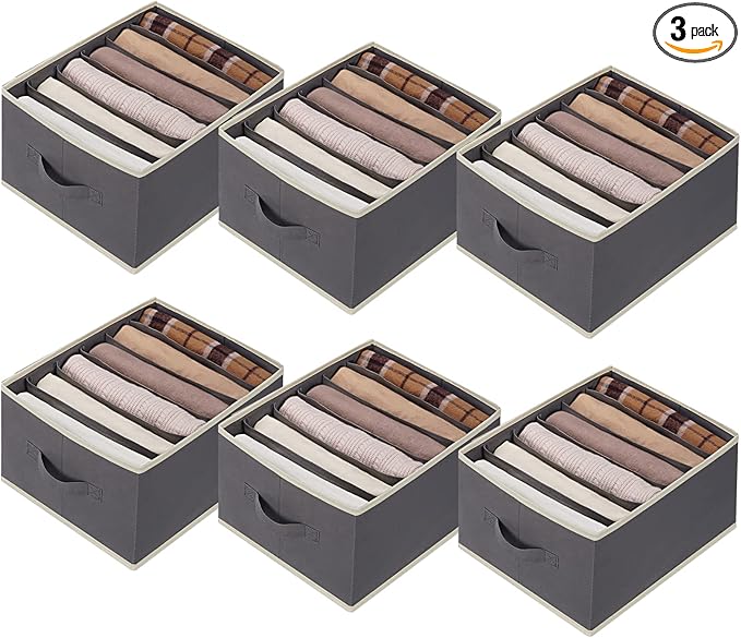 6 Pcs Large Size Wardrobe Clothes Organizers 6 Grids for Pants, Jeans, Sweater, T-shirt, Dress Stackable Closet Drawer Organizer Storage Bin Container with Sturdy Handles, Dark Grey-NeatNest