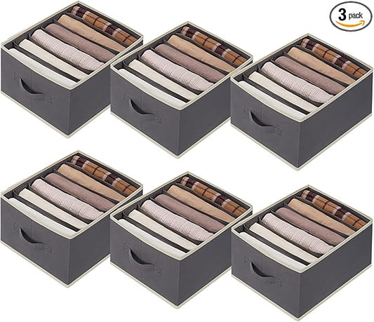 6 Pcs Large Size Wardrobe Clothes Organizers 6 Grids for Pants, Jeans, Sweater, T-shirt, Dress Stackable Closet Drawer Organizer Storage Bin Container with Sturdy Handles, Dark Grey-NeatNest