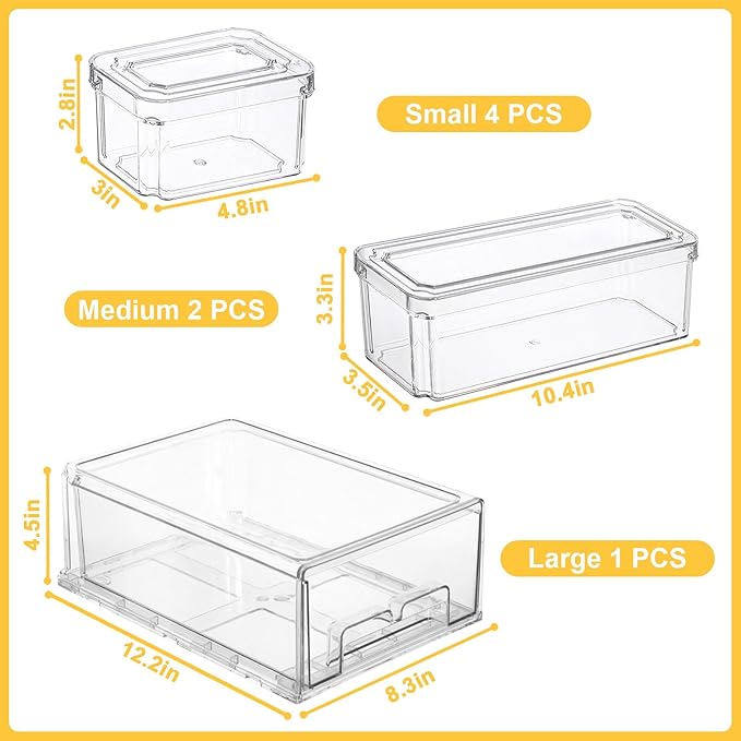 YINGRACE 7 Pack Fridge Organizer Bins, Stackable Refrigerator Organizers and Storage, With a Pull-out Drawer, BPA-Free Clear Containers For Fruit, Vegetable, Drinks