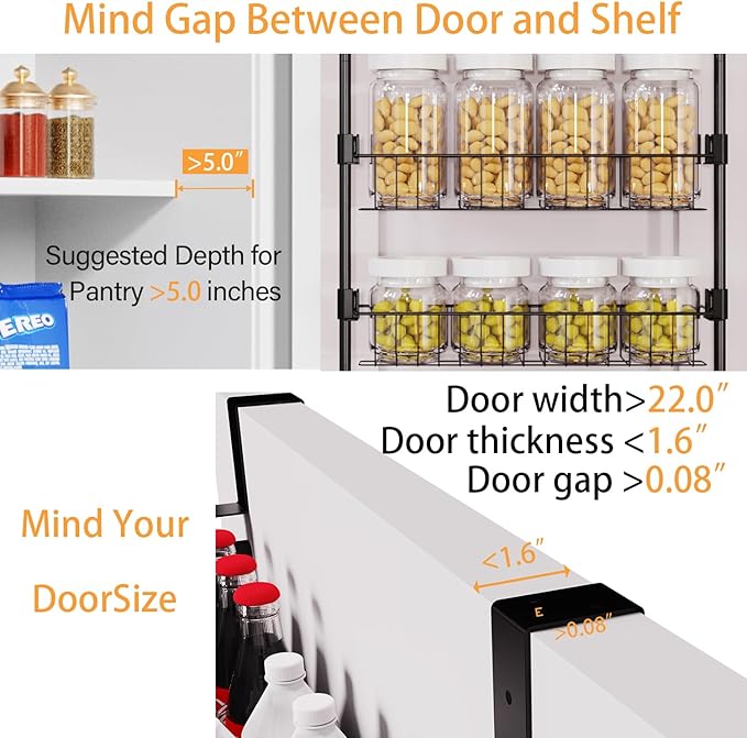 Over The Door Pantry Organizers, Pantry Door Organizer and Storage with Adjustable Baskets,Heavy-Duty Metal Spice Rack,Over The Door Organizers for Kitchen,Bathroom (Black, 5tier)