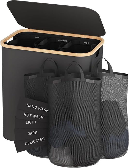 Laundry Hamper 3 Section, 145L Dirty Clothes Hamper with Lid, Extra Large Laundry Basket Organizer with Removable Inner Bags & Labels for Laundry Room, Bedroom, Dark Grey-NeatNest