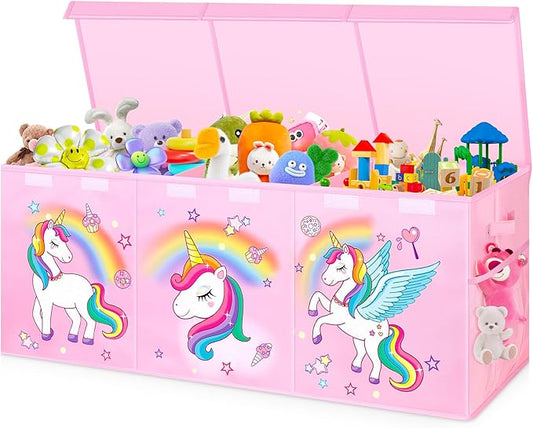 Extra Large Toy Chest, Collapsible Sturdy Toy Storage Organizer with Lids, 40"X14"X16" Large Kids Toybox Storage Bins Baskets for Girls, Boys, Nursery, Playroom, Pink