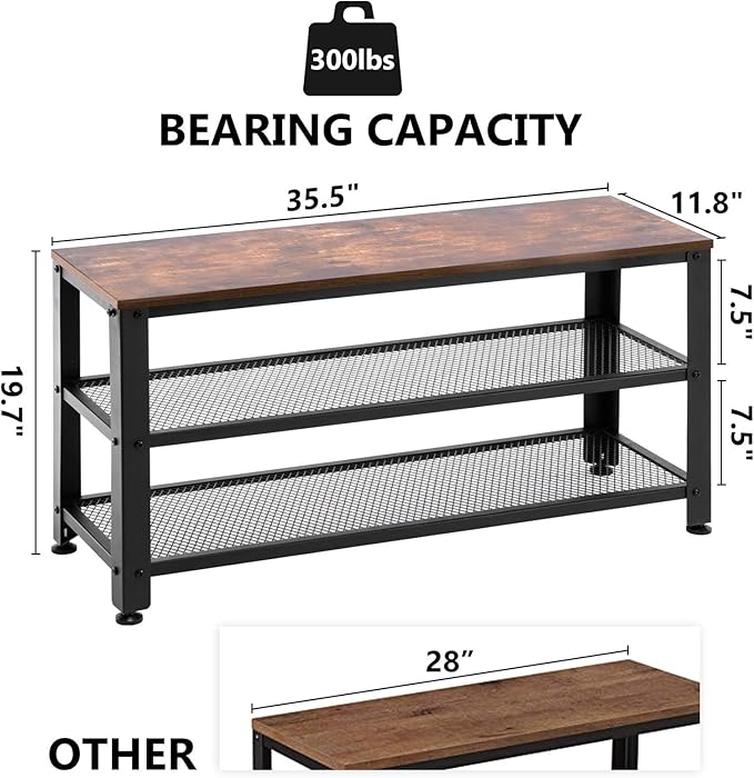 Apicizon Shoe Rack, 35.5 Inches 3-Tier Shoe Rack for Entryway with Long Seat and Metal Shelves for Garage, Industrial Storage Bench with Steel Structure for Living Room, Bedroom, Mudroom, Rustic Brown-NeatNest