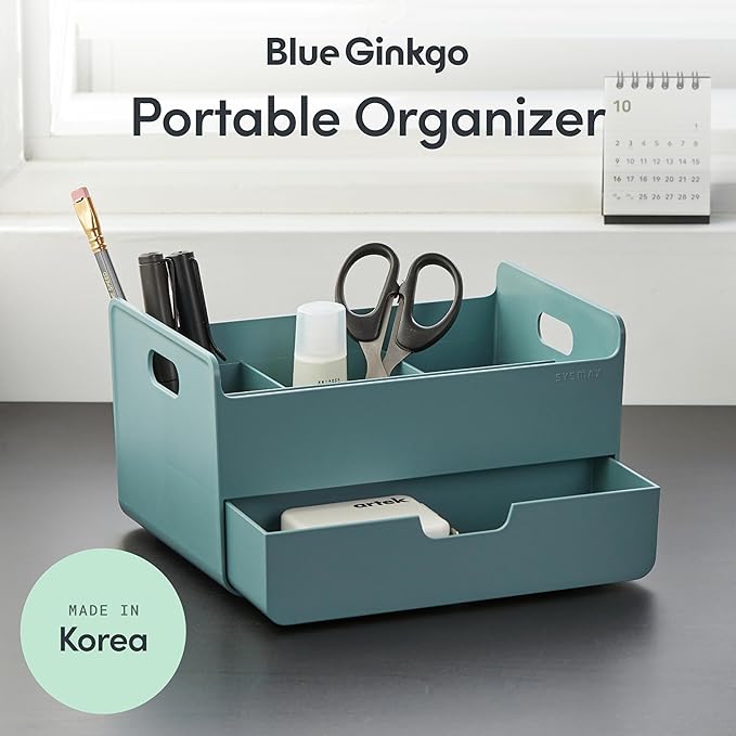 BLUE GINKGO Portable Desk Organizer – Compact 3 Compartment, Half-drawer Storage – Pen Holder, Stationery Desktop Organizer for Office, Makeup, Crafts (Made in Korea, Green)-NeatNest