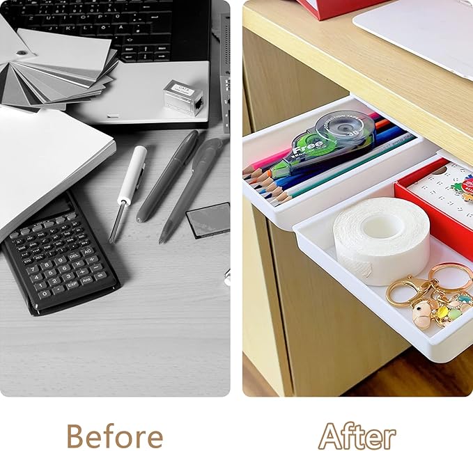 2 Packs Under Desk Drawers, Slide Out Drawer Attachment, Plastic Desk Accessories & Workspace Organizers, Self-Adhesive Hidden Desktop Pen Holder for Office School Home (White)-NeatNest