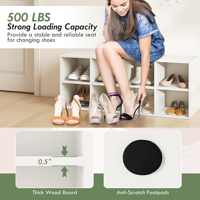 LOKO 8-Cubby Shoe Storage Bench, 40” Entryway Bench with Storage, 500 LBS Loading Capacity, Multifunctional Shoe Rack Organizer, Bed End Bench for Bedroom Living Room Hallway Mudroom (White)