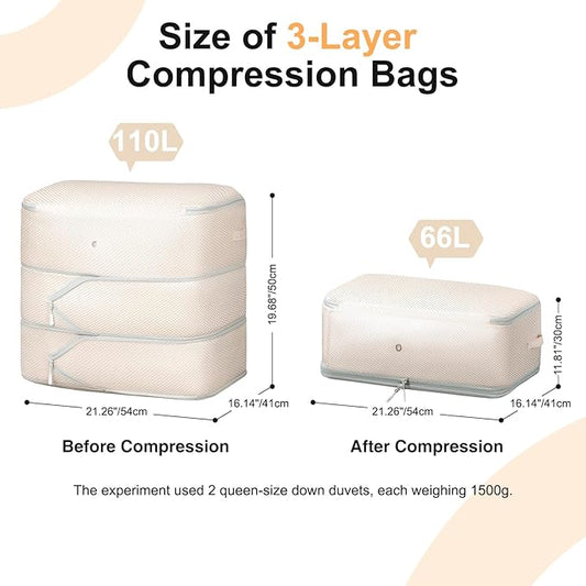 Comforter Storage Bag - Large Capacity Blanket Storage Bags 3-Layer Ultra Space Saving Self Compression Organizer, Washable Compression Bags for Storage Comforter Blanket, 8-Pack, Beige-NeatNest