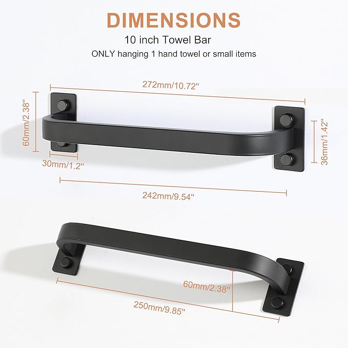 2Pack Bathroom Towel Bar, 10 inch Towel Racks for Bathroom Wall Mounted, SUS304 Stainless Steel Heavy Duty Towel Holder Bathroom Accessories Modern Home Decor, Matte Black Finished