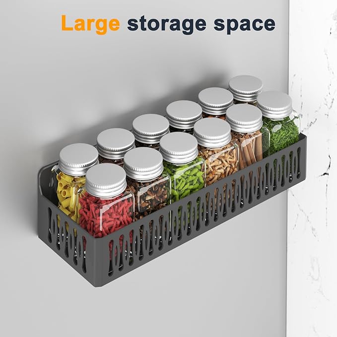 4 Pack Magnetic Spice Rack for Refrigerator, Spice Rack Organizer, Moveable Magnetic Shelf Fridge Organizer with 4 Hooks for Kitchen and Oven Organization, Black Large