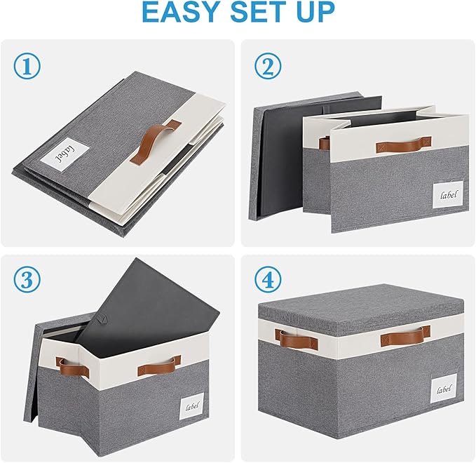 Extra Large Storage Bins with Lids, Foldable Fabric Storage Baskets with Lids, Sturdy Storage Boxes with Labels and 3 PU Handles for Closet Home Bedroom Office (32L, 3 Packs, Grey&White)-NeatNest