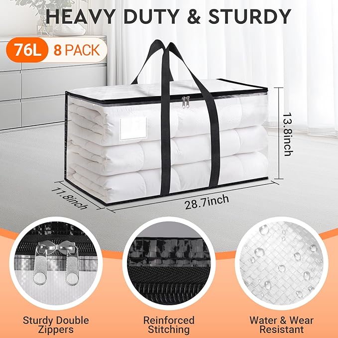 HomeHacks Clear Moving Bags Heavy Duty 8 Pack, Storage Bags with Zipper, Extra Thick Handles & Waterproof Packing Boxes for Moving, Camping, Home Organization 76L/20Gal (28.7"x11.8"x13.8")-NeatNest