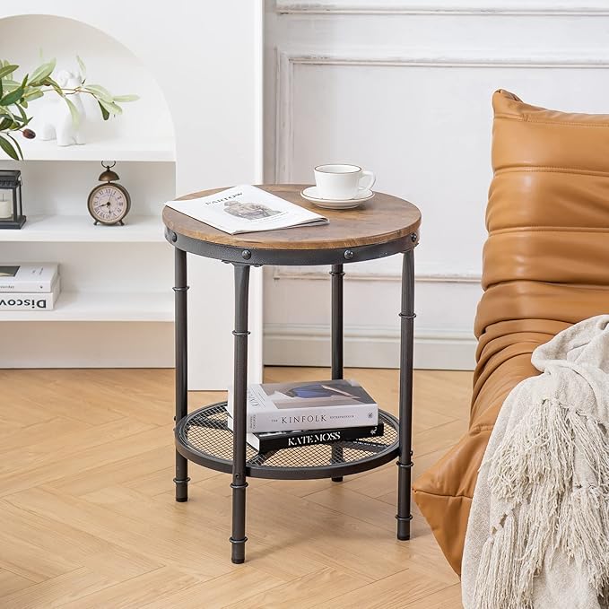 VINGLI 20" Side Table, Round End Tables Living Room, Industrial Small End Table with Metal Mesh, Rustic Farmhouse Side Tables for Bedroom, Office, Corner, Walnut