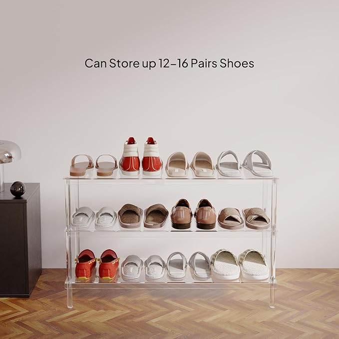 Aquiver 3-Tier Acrylic Shoe Rack - Modern Shoe Rack for Closet - Shoe Storage Organizer for Entryway, Bedroom, Living Room - 32.3'' L x 11.8'' W x 20.3'' H, Holds 12-16 Pairs of Shoes, Easy to Clean