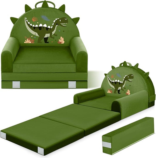 Dinosaur Kids Sofa Bed with Removable Washable Cover & Hook and Loop Backrest – Foldable Toddler Chair, Cozy Crystal Velvet Furniture for Playtime, Naps & Travel (Dark Green, Dino Design)-NeatNest