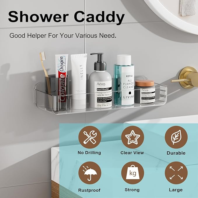 Wall Mounted Storage Organizer Bins Organizing Shelf Basket Clear Plastic Makeup Organizer Adhesive Hanging Bin Fridge Organizer for Bathroom,Kitchen,Cabinet,Pantry,Countertops (13.7×5×2.7”)-NeatNest